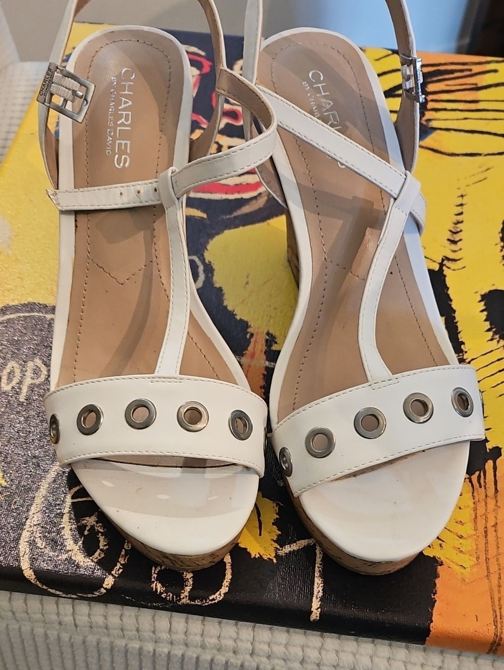 Charles by Charles David White T‑Strap Grommet Wedge Sandals